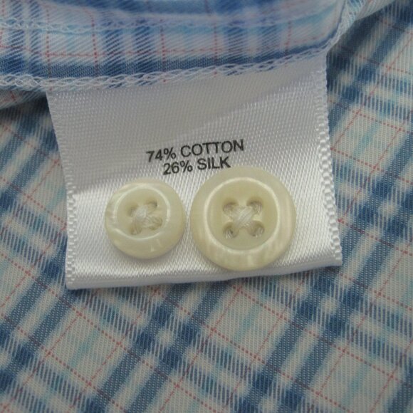 Peter Millar Long Sleeve Button Down Dress Shirt XL Blue White Plaid Cotton Silk - Picture 7 of 10